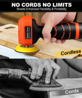 Cordless 3 Inch Palm Sander Kit with 16.8V 3.0Ah Liion Battery in use on a wooden surface, showing flexibility and portability.