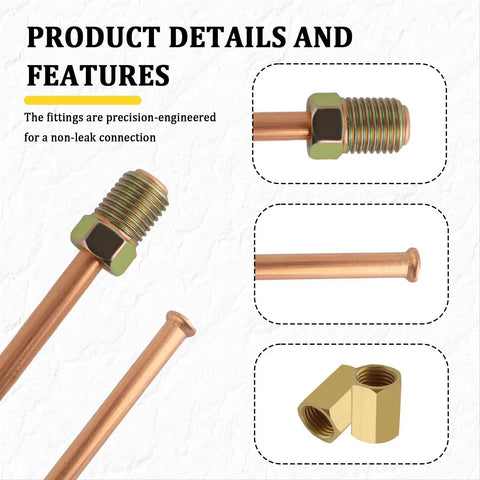 Three Sixteenth Inch Copper Nickel Brake Line Kit With Fittings And Union Couplings, Sixteen Inch Rear Brake Lines For Easy DIY Replacement, Universal Three Sixteenth Brake Line Fittings For Cars And Trucks, Includes Two Couplings And Three Pipes., copper brake line fittings and couplings