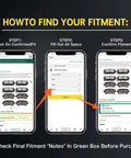 Instructions on how to find vehicle fitment using ConfirmedFit on a smartphone screen, showing step-by-step guide.