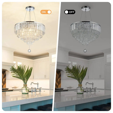 Glam Crystal Chandelier Pendant Light, 19.7 Inch Teardrop Crystal Drops, 6 Lights on in kitchen, convertible to semi flush mount