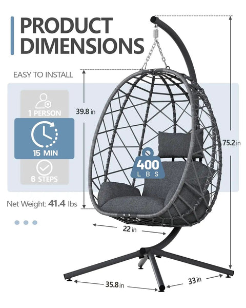 Outdoor Hanging Egg Chair With Stand Wicker Rattan Swing Chair With Cushioned Comfort Heavy Duty Patio Hammock dimensions