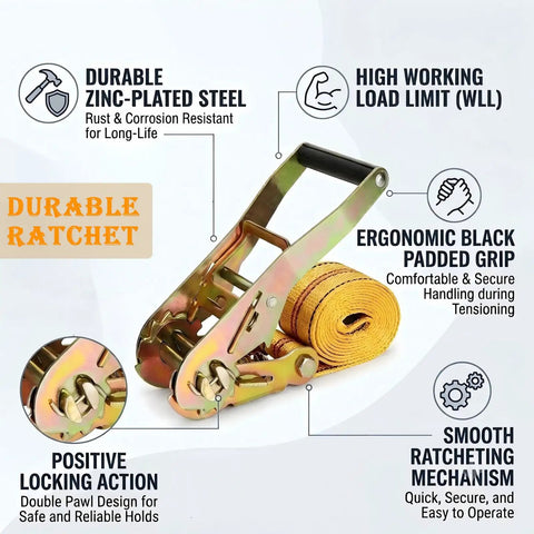 Tough As Nails Heavy Duty Ratchet Straps 2 Pack 2 Inch By 20 Feet Tie Down Gear with ergonomic grip and durable zinc-plated steel.
