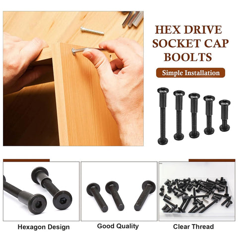 M6 Socket Cap Bolt Kit For Furniture, 30 Piece Set With Allen Wrench, Countersunk Screws, Barrel Nuts, Binding Screws Black Finish
