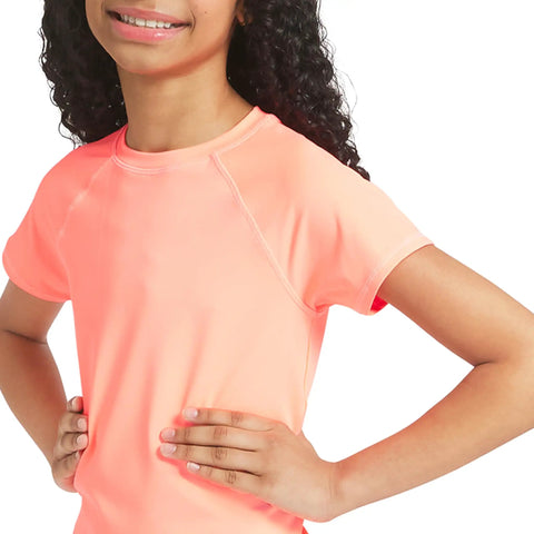 Close-up of Girls Swim Rash Guard Shirt With UPF 50 Plus Short Sleeve Sun Tee Fiery Coral Perfect For Beach And Pool Play X Large