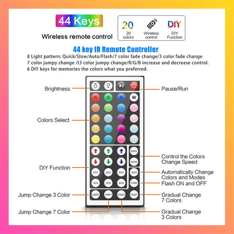 44 key remote controller for 100 Ft RGB LED Strip Lights With 44 Key Remote Multi Color Color Changing LED Tape For Bedroom TV Room Decor 24V Indoor Lighting Kit Lit Mood DIY Setup With 2X 50 Ft Extensions