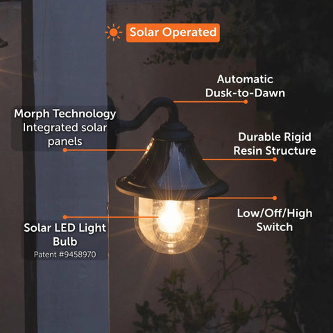 Orion Outdoor Solar Wall Light With 150 Lumen Warm White LED At 2700K illuminating exterior with dusk-to-dawn automation
