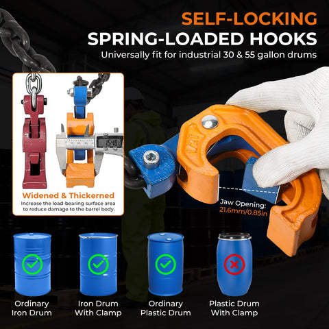 Upgraded Chain Drum Lifter 1 Ton Loading Capacity For 55 Gallon Drums With Forklift Hoist Crane Double Hooks And Chains