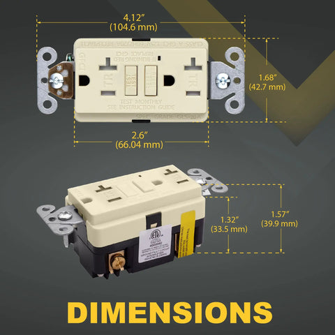Dimensions of 10 Pack 20A GFCI Outlets With LED Indicator Self Test Ground Fault Circuit Interrupter Duplex Receptacles.