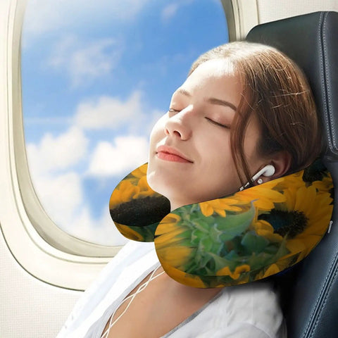 Woman using Custom U Shaped Pillow With Personal Photo Text Print Personalized Memory Foam Neck Pillow For Travel And Nap Comfort In Plane Car Home And Office Create Your Own Design on airplane
