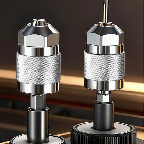 Hex Shank Drill Chuck Adapter With Three Jaw Chuck Converter Power Tool Attachment For A Snug Grip And Secure Accessory Holding Knurled Finish For Easy Drive And Maintenance Tasks, close-up metal adapter