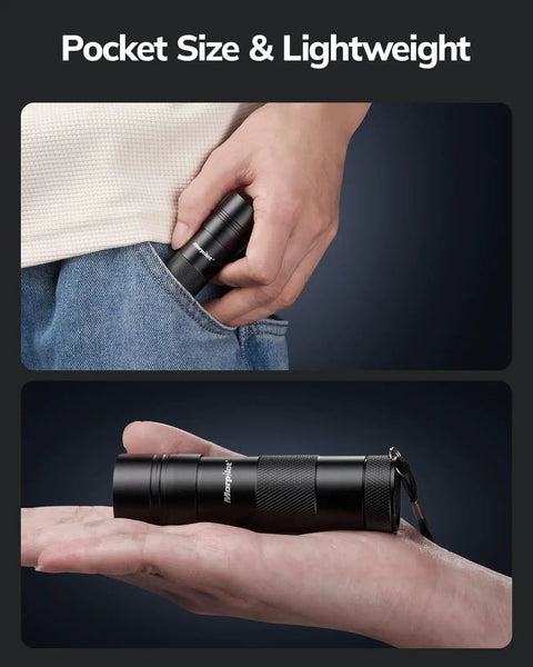 Person holding Ultraviolet Blacklight Flashlight Set Of 2 with 12 LED 395nm UV Light in hand and pocket, showcasing portability.