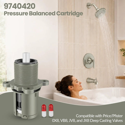 Pressure Balanced Shower Cartridge 9740420 Replacement For Pfister 0X8 JX8 VB8 JV8 Legacy Tub And Shower Valves in a bathroom setup