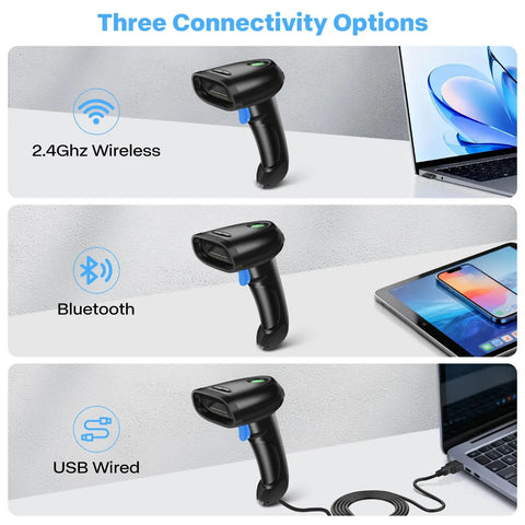 All In One 1D And 2D Barcode Scanner With Bluetooth USB Wired And 2.4G Wireless 3 In 1 for Windows Android iOS connectivity options