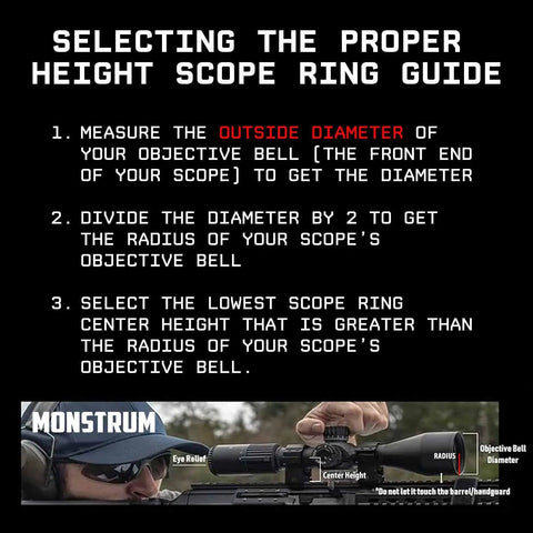 Guide on selecting proper height scope rings; includes steps and measurement details with image of a scope for 11mm Dovetail Scope Rings For Air Rifles And Pistols 1 Inch Diameter 1.50 Inch Center Height Not For Weaver Or Picatinny Clamp On Mount Built To Last And Ready For Quick Tight Shots.