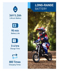 Child riding a Kids Electric Dirt Bike 36V 300W Ride On with Quiet Hydraulic Suspension through a wooded path.