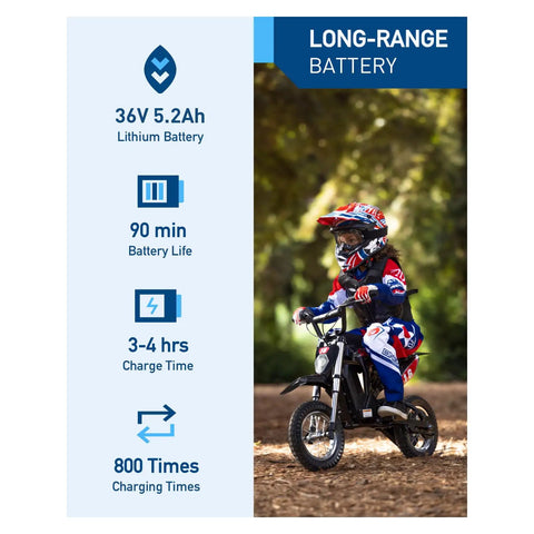 Child riding a Kids Electric Dirt Bike 36V 300W Ride On with Quiet Hydraulic Suspension through a wooded path.
