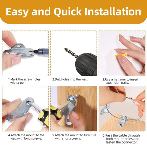 Easy installation steps for Rock Solid Furniture Anchors 10 Pack Anti Tip Wall Straps, showing tools and techniques.