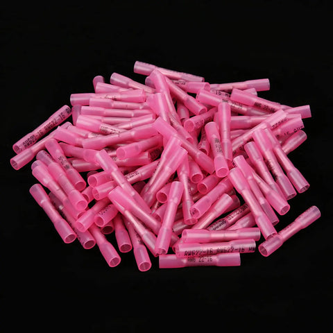 300 Pcs Heat Shrink Wire Connectors Assortment Kit With Insulated Sleeves, Red Blue Yellow Butt Terminals For Car Wiring, Waterproof Seal Against Elements And Vibration, Easy Color Code For Quick Hook Ups. Pink heat shrink butt connectors in a pile