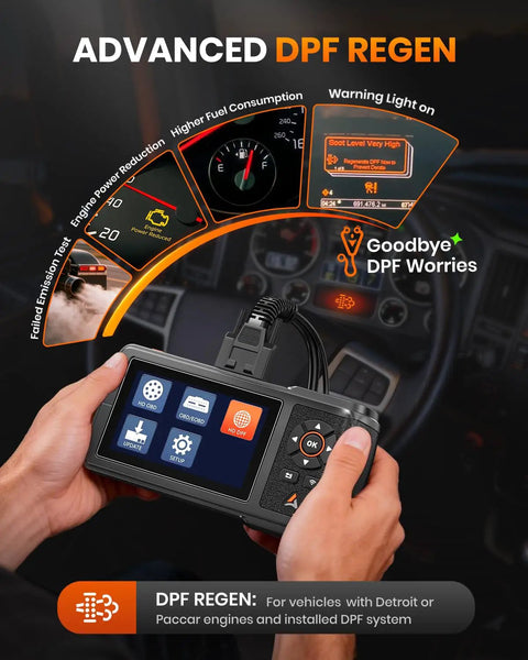 Heavy Duty Truck Diagnostic Scanner With DPF Regen And Forced Reset for Paccar And Detroit Engines shown in hands