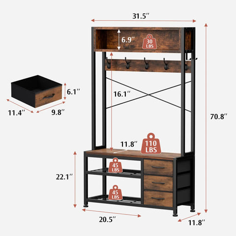 Rustic Brown Hall Tree With Bench And Shoe Storage Freestanding Coat Rack With Two Tier Shelf Six In One Entryway Organizer Featuring 12 Hooks 3 Drawers And Holds 200 Lb For Shoes And Coats Front Door Space Saver Clutter Free Entrance