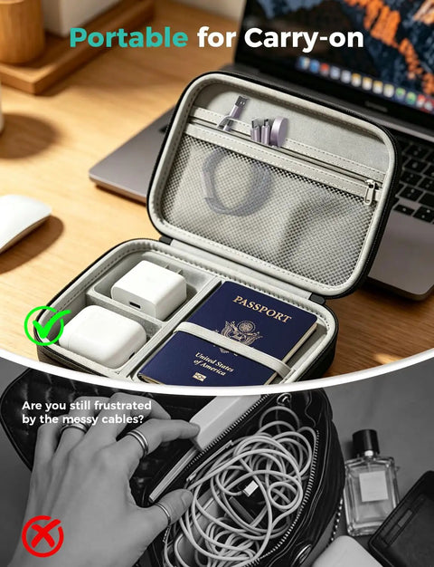 Open travel case with passport, charging dock, 3-in-2 cable for All In One Travel Charging Dock For Watch And Phone With 3 In 2 Cable