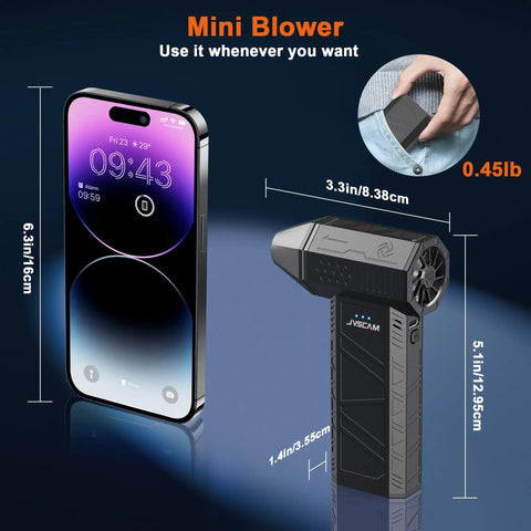 Beast Mode Rechargeable Electric Air Duster with Brushless Motor next to smartphone, dimensions in inches and weight 0.45lb shown.