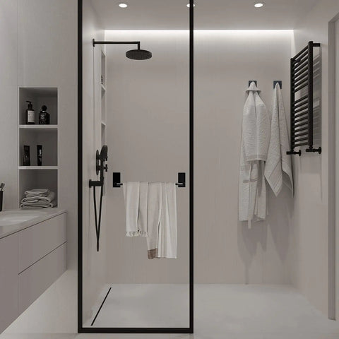 Modern bathroom with stick on 16 inch towel bar with two adhesive hooks black stainless steel bathroom rack no drill easy install.