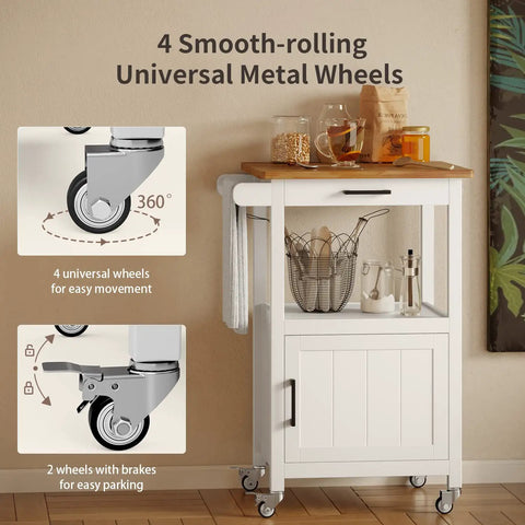 Slick Rolling Microwave Cart With Boss Level Storage Built Onto A Rock Solid Rubberwood Base, Crisp White Kitchen Island Station with 360-degree wheels.