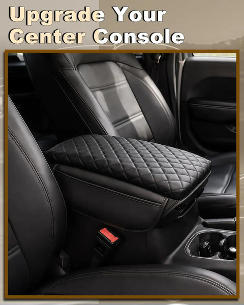 Armrest Cover For Jeep Wrangler JL Center Console Pad With Organizer Pockets Black Faux Leather Arm Rest Lid Cushion For 2018 To 2026 JL And Gladiator JT visible on center console, black quilted design