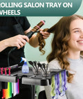 Mobile Salon Rolling Tray Cart With Height Adjustable Stand And Large Magnetic Hair Tool Storage Platform in salon use