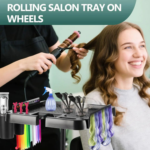 Mobile Salon Rolling Tray Cart With Height Adjustable Stand And Large Magnetic Hair Tool Storage Platform in salon use