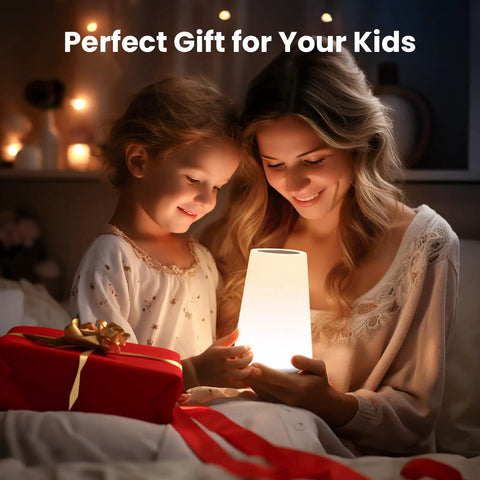 Mother and child using Dimmable Touch Night Light With 360 Degree Control, Portable Bedside Lamp in cozy bedroom setting