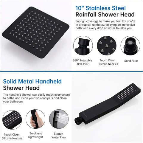 10 Inch Rainfall Shower Head With Handheld Spray Combo In Matte Black, images detailing nozzles and parts, heavy duty build