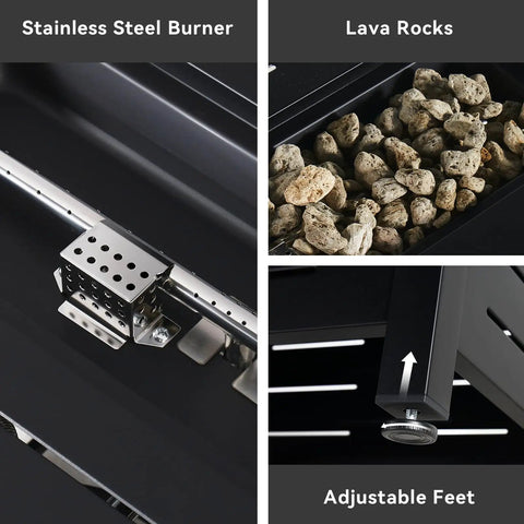 41 Inch Propane Fire Pit Table With Removable Lid And Lava Rocks, 50,000 BTU Gas Fire Pit details with burner and adjustable feet