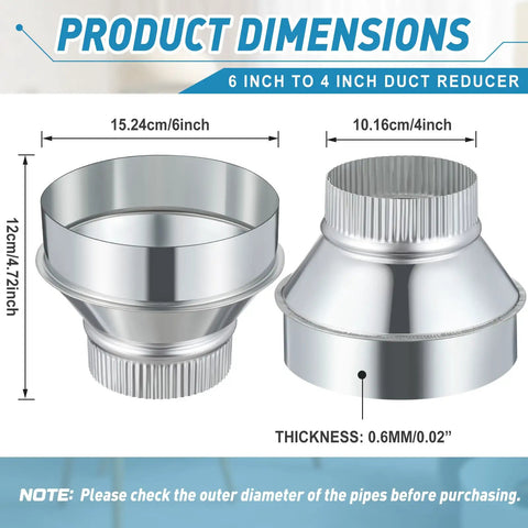 6 Inch To 4 Inch Duct Reducer Galvanized Steel Air Duct Adapter dimensions with smooth transition and crimped connectors
