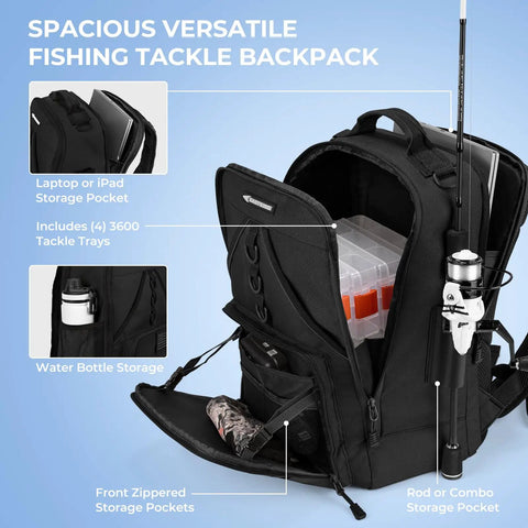 KarryAll Fishing Tackle Backpack with rod holder, 4 tackle boxes visible, water-resistant Oxford material in black, medium size.