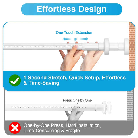 Extra Long No Drill Tension Curtain Rod with one-touch extension and easy setup for quick installation.