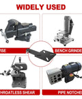 Heavy Duty Workbench Mount Vise Holder And Bench Grinder Stand Adapts To Standard Two Inch Hitch Receiver shown with various tools.