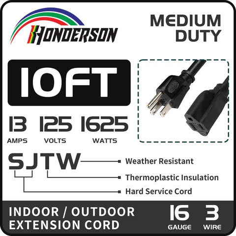 Outdoor Extension Cord 10 Ft 16/3 SJTW Black Heavy Duty Cable With Grounded 3 Prong Plug For Weatherproof Power To Christmas Lights