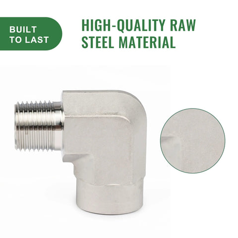 Front view of U.S. Solid 304 stainless steel 90-degree street elbow with male threaded end