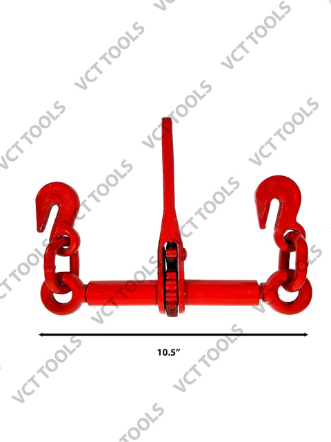 Four Pack Ratchet Chain Binders Beefy Heavy Duty 1/4 To 5/16 Inch Load Binders, red color, forged steel handle, size 10.5 inches.