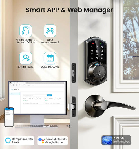 Badass 7 In 1 Fingerprint Smart Deadbolt Lock With App Control And Key Fobs In Sleek Matte Black mounted on a door with smart app interface.
