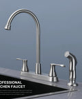 Brushed Nickel Pro Grade Two-Handle Kitchen Faucet With Side Sprayer For 4-Hole Kitchen Sink, High Arc 360 Degree Spout