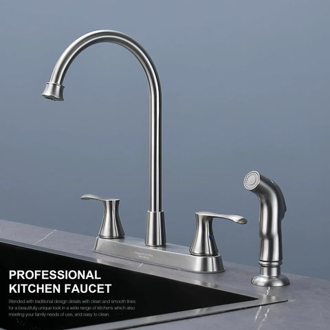 Brushed Nickel Pro Grade Two-Handle Kitchen Faucet With Side Sprayer For 4-Hole Kitchen Sink, High Arc 360 Degree Spout
