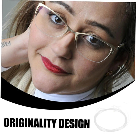 Woman wearing half-frame glasses demonstrating Glasses Repair Thread Kit For Half Frame Eyewear Lanyard And Wire Repair Tool.