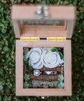 Open wooden jewelry box with rings and white flowers, showing 12 Pack 90 Degree Antique Flush Hinges Heavy Duty Small Butt Hinges.