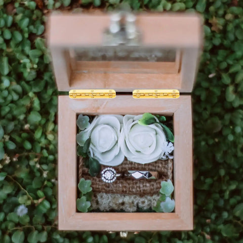 Open wooden jewelry box with rings and white flowers, showing 12 Pack 90 Degree Antique Flush Hinges Heavy Duty Small Butt Hinges.
