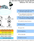 AH Lighting, Retrofit Smooth Reflector Kit, 4 Inch Dimmable LED 5CCT Downlight Recessed Light, 9 Watt, 750 Lumens, ES Qualified, UL Listed – 6 Pack, showing specifications.