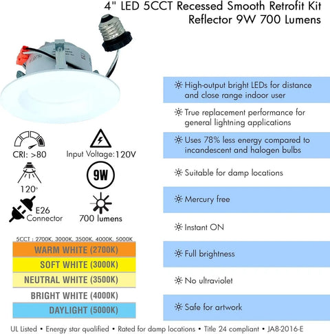 AH Lighting, Retrofit Smooth Reflector Kit, 4 Inch Dimmable LED 5CCT Downlight Recessed Light, 9 Watt, 750 Lumens, ES Qualified, UL Listed – 6 Pack, showing specifications.