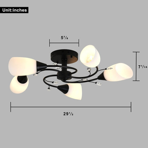 Dope Semi Flush Mount Ceiling Light Fixture With Five Tulip Glass Globes, Modern Black Pendant Ceiling Light for Bedroom Hallway Kitchen and Dining Room, Dimmable and Bulbs Included, dimensions 29 1/2 x 7 1/16 x 5 7/8 inches